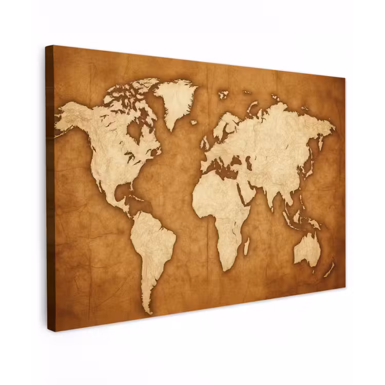 Wereldkaart - Perkamenttextuur canvas 2cm klein -z3d