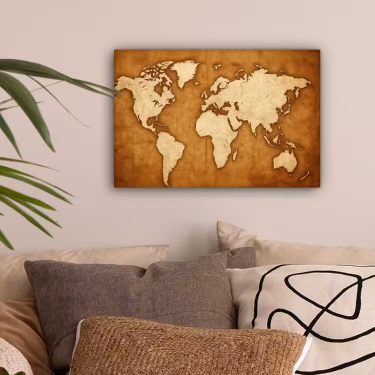 Wereldkaart - Perkamenttextuur canvas 2cm klein -sfeer1