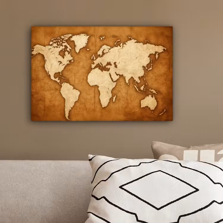 Wereldkaart - Perkamenttextuur canvas 2cm klein -sfeer3
