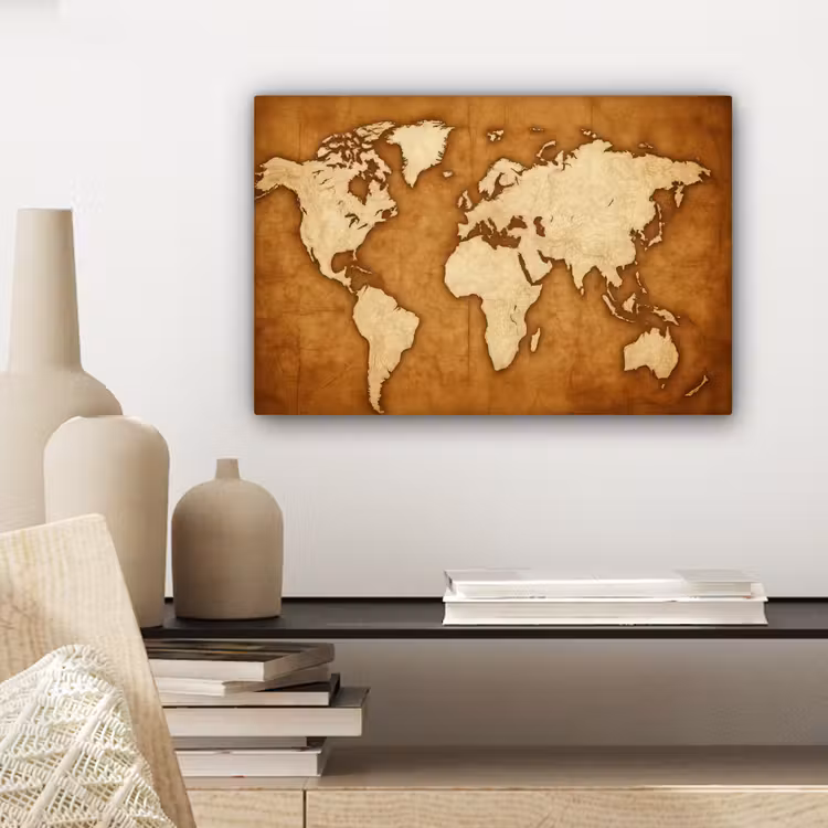 Wereldkaart - Perkamenttextuur canvas 2cm klein -sfeer6