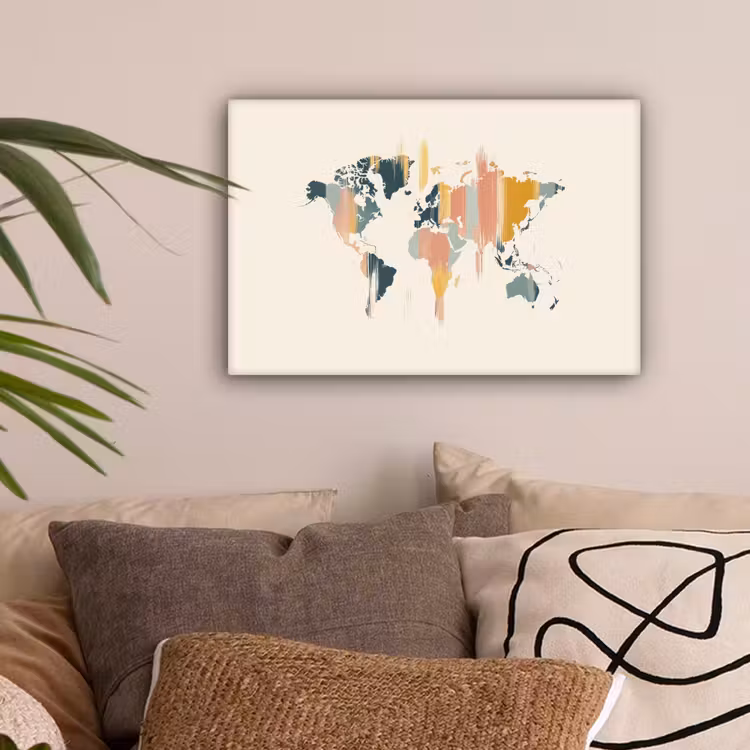Wereldkaart - Penseelstrepen - Kleurrijk canvas 2cm klein -sfeer1