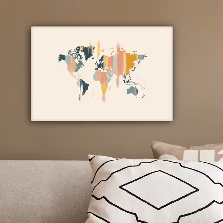 Wereldkaart - Penseelstrepen - Kleurrijk canvas 2cm klein -sfeer3