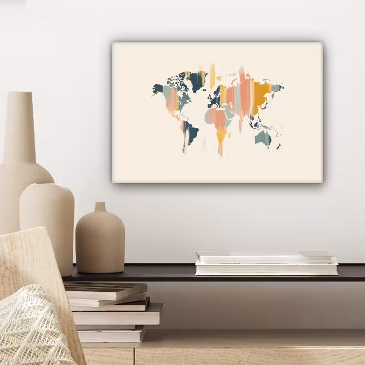 Wereldkaart - Penseelstrepen - Kleurrijk canvas 2cm klein -sfeer6