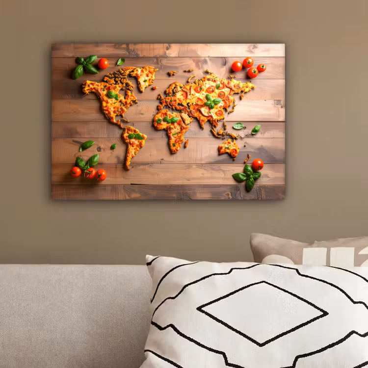 Wereldkaart - Pizza - Houten ondergrond canvas 2cm klein -sfeer3