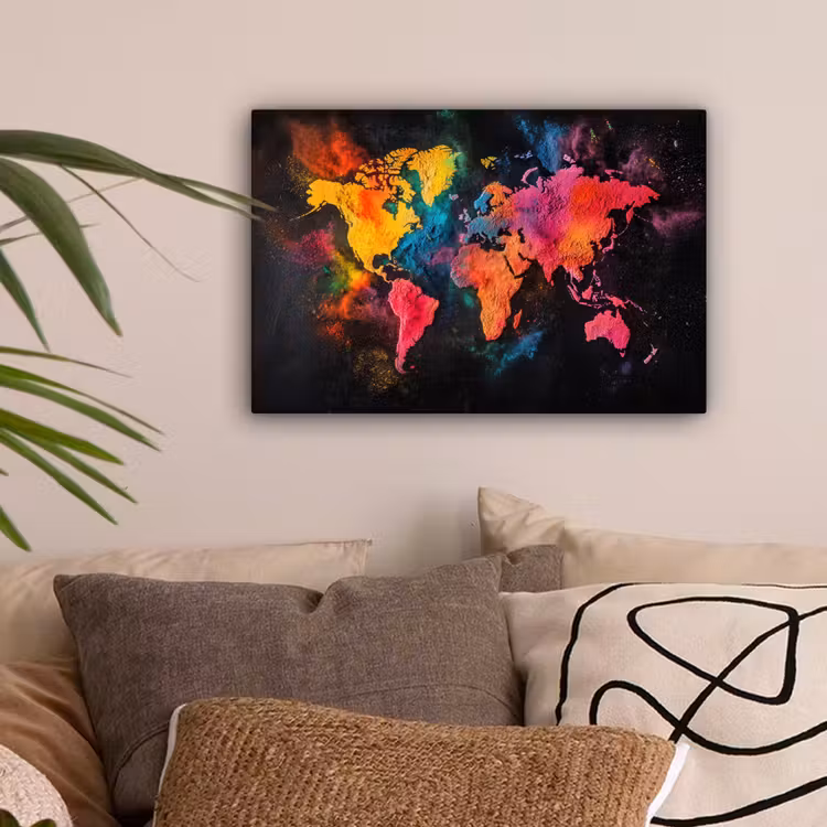 Wereldkaart - Poeder - Kleuren canvas 2cm klein -sfeer1