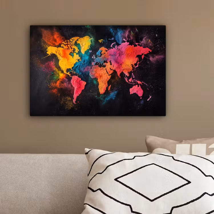 Wereldkaart - Poeder - Kleuren canvas 2cm klein -sfeer3