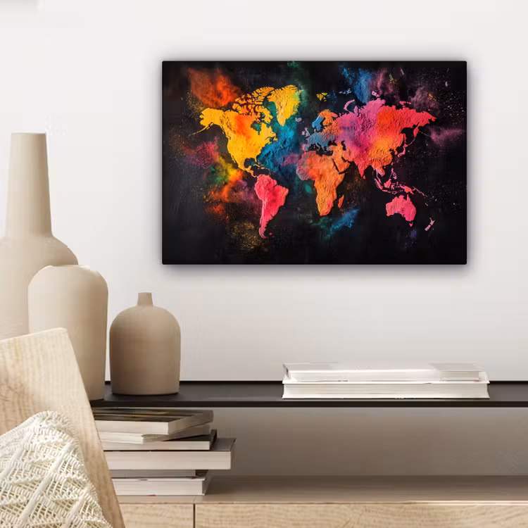 Wereldkaart - Poeder - Kleuren canvas 2cm klein -sfeer6