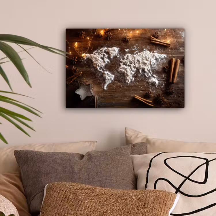 Wereldkaart - Poedersuiker - Hout canvas 2cm klein -sfeer1