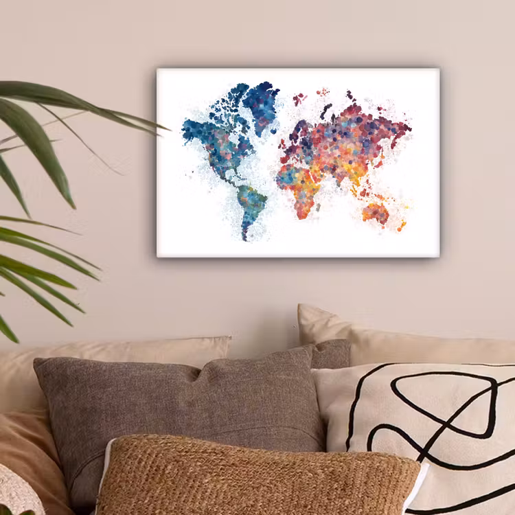 Wereldkaart - Stipjes - Kleurrijk - Mozaïek canvas 2cm klein -sfeer1