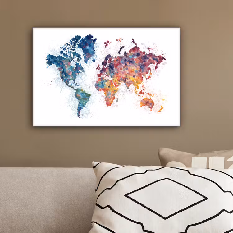 Wereldkaart - Stipjes - Kleurrijk - Mozaïek canvas 2cm klein -sfeer3