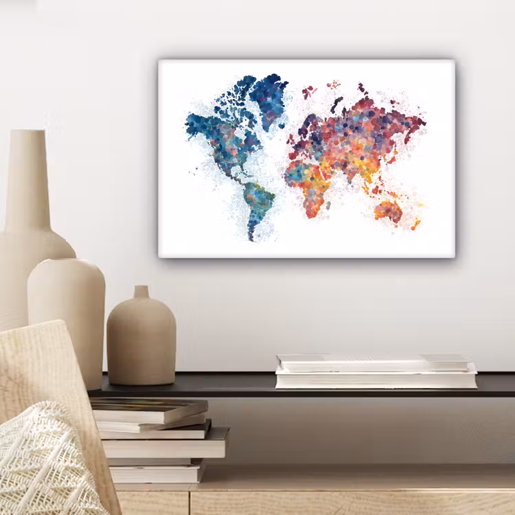 Wereldkaart - Stipjes - Kleurrijk - Mozaïek canvas 2cm klein -sfeer6