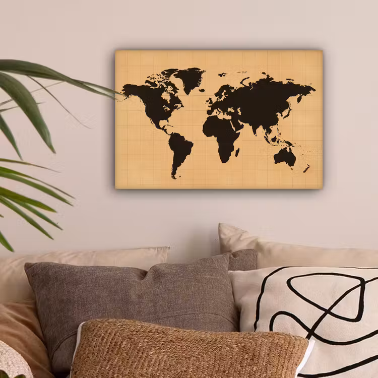 Wereldkaart - Raster -Zwart canvas 2cm klein -sfeer1