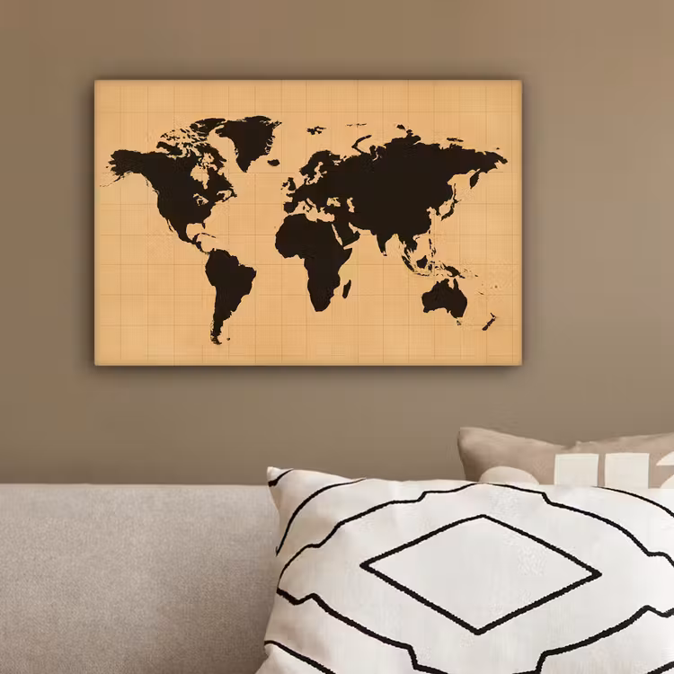 Wereldkaart - Raster -Zwart canvas 2cm klein -sfeer3