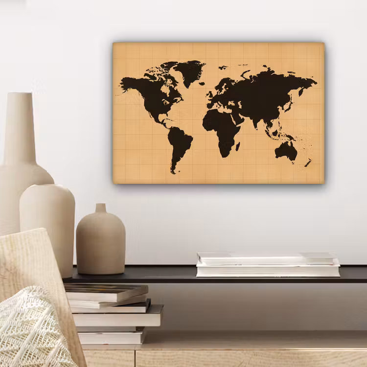 Wereldkaart - Raster -Zwart canvas 2cm klein -sfeer6