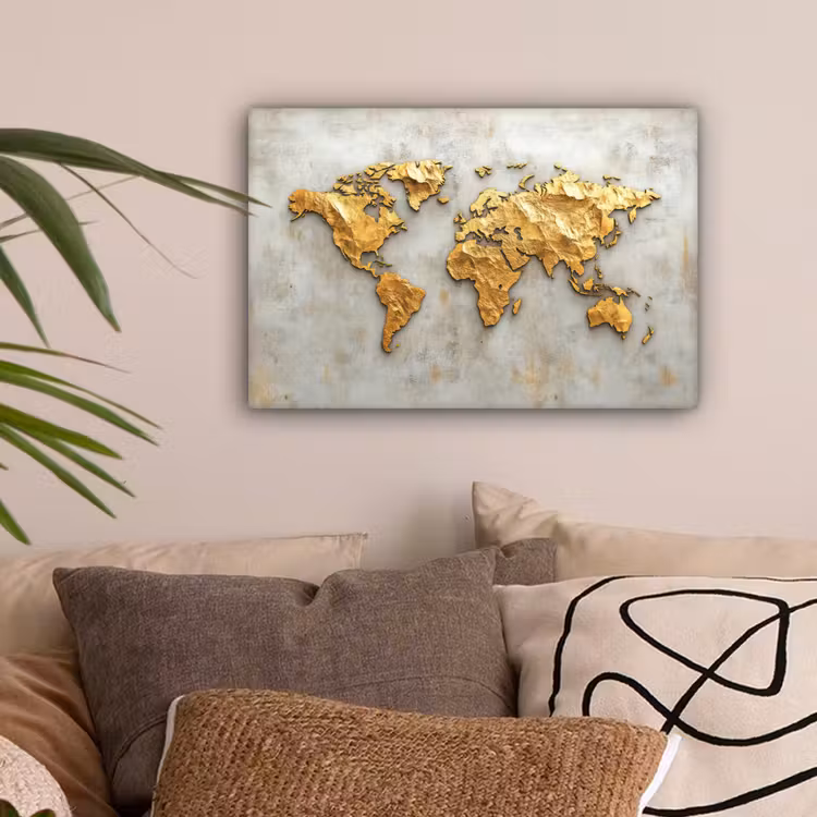 Wereldkaart - Ruwe betonnen muur - Handgemaakt effect canvas 2cm klein -sfeer1
