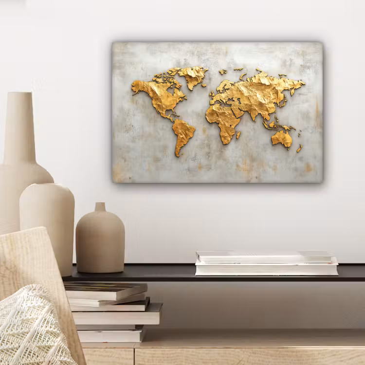 Wereldkaart - Ruwe betonnen muur - Handgemaakt effect canvas 2cm klein -sfeer6