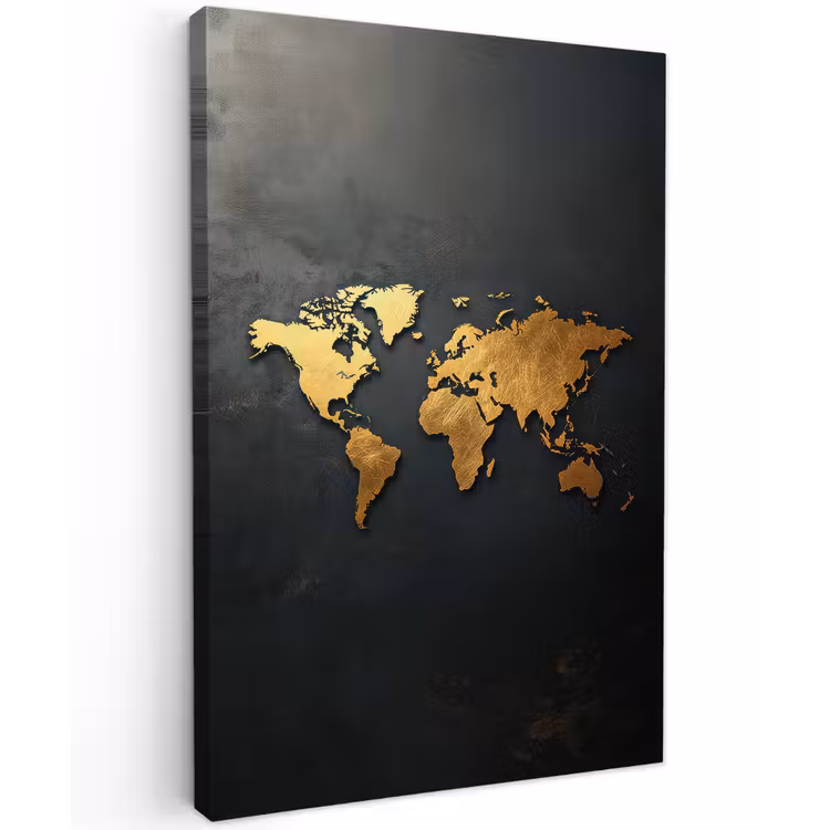 Wereldkaart - Ruwe textuur - Scherpe contouren - Zwart canvas 2cm klein -z3d