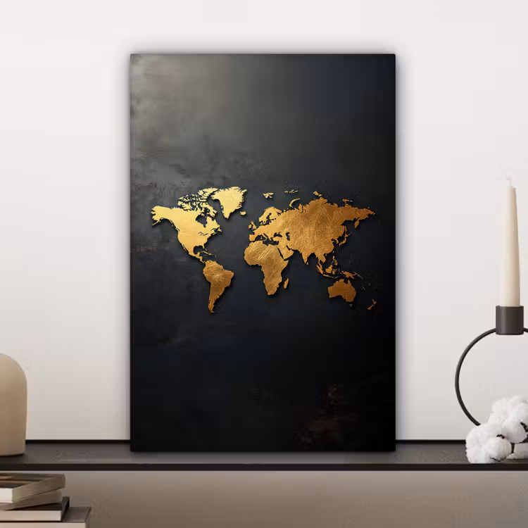 Wereldkaart - Ruwe textuur - Scherpe contouren - Zwart canvas 2cm klein -sfeer6