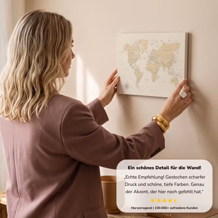Wereldkaart - Realistisch - Beige canvas 2cm klein -sfeer3