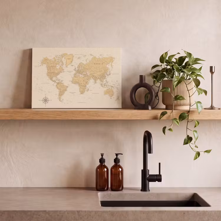 Wereldkaart - Realistisch - Beige canvas 2cm klein -closeup_print_DE