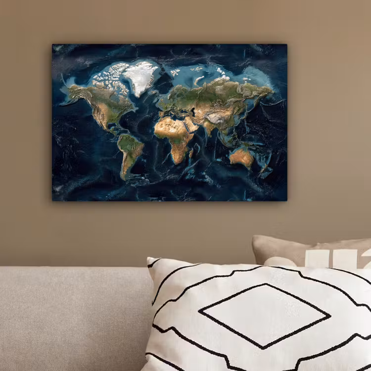 Wereldkaart - Realistisch - Gedetailleerd canvas 2cm klein -sfeer3