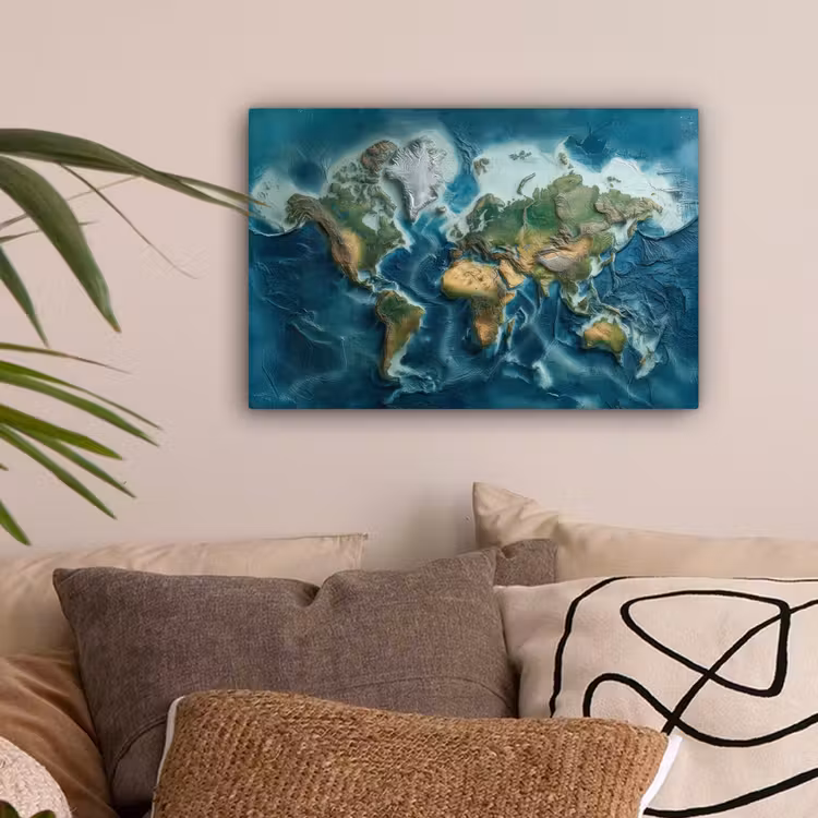 Wereldkaart - Realistisch - Contouren canvas 2cm klein -sfeer1