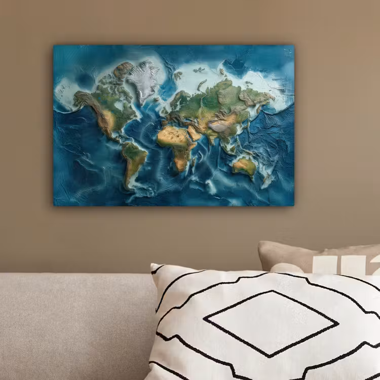 Wereldkaart - Realistisch - Contouren canvas 2cm klein -sfeer6