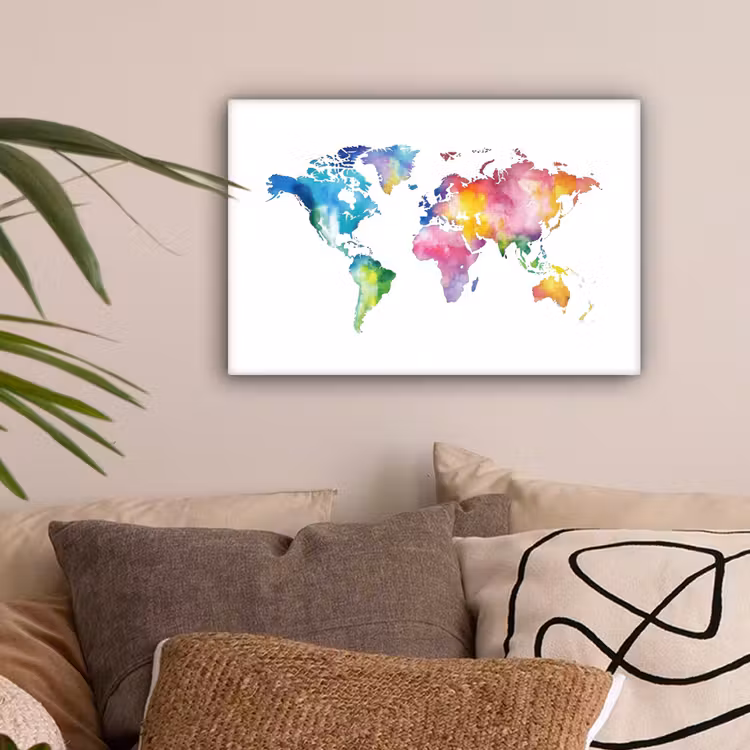 Wereldkaart - Regenboog - Aquarel canvas 2cm klein -sfeer1