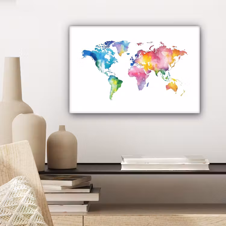 Wereldkaart - Regenboog - Aquarel canvas 2cm klein -sfeer6