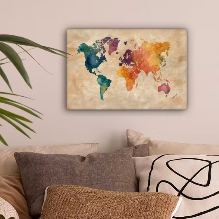 Wereldkaart - Regenboog aquarel - Papierstructuur canvas 2cm klein -sfeer1
