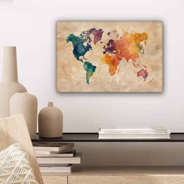 Wereldkaart - Regenboog aquarel - Papierstructuur canvas 2cm klein -sfeer6