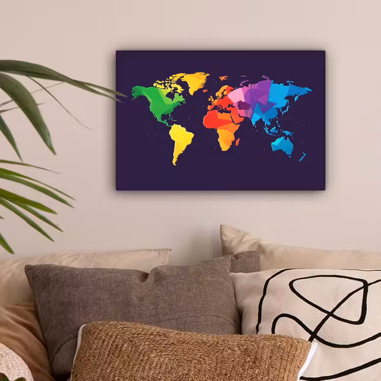 Wereldkaart - Regenboog - Paars canvas 2cm klein -sfeer1