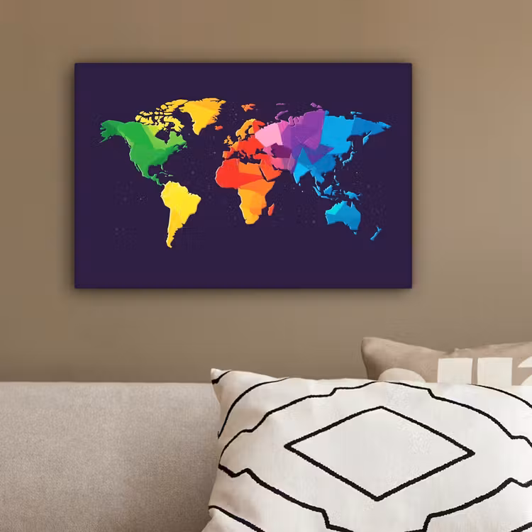 Wereldkaart - Regenboog - Paars canvas 2cm klein -sfeer3