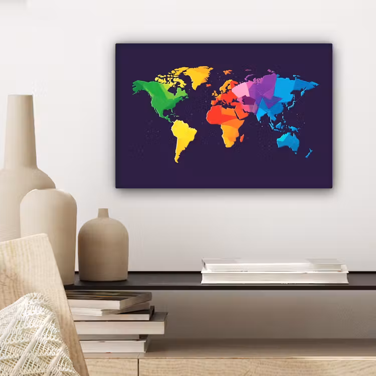 Wereldkaart - Regenboog - Paars canvas 2cm klein -sfeer6