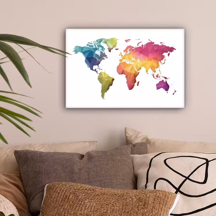 Wereldkaart - Regenboog - Wit canvas 2cm klein -sfeer1