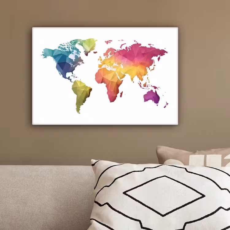 Wereldkaart - Regenboog - Wit canvas 2cm klein -sfeer3