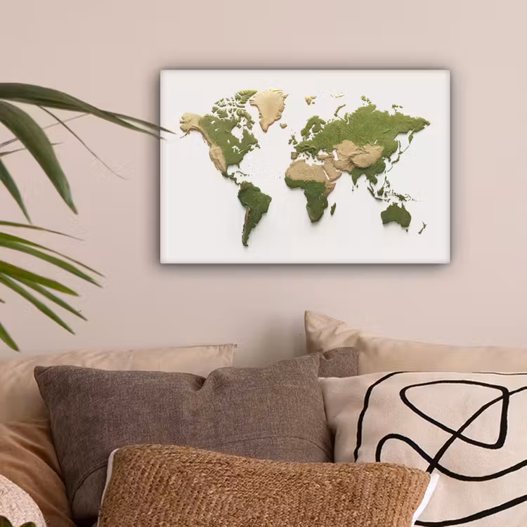 Wereldkaart - Reliëf - Aardekleruige tinten canvas 2cm klein -sfeer1