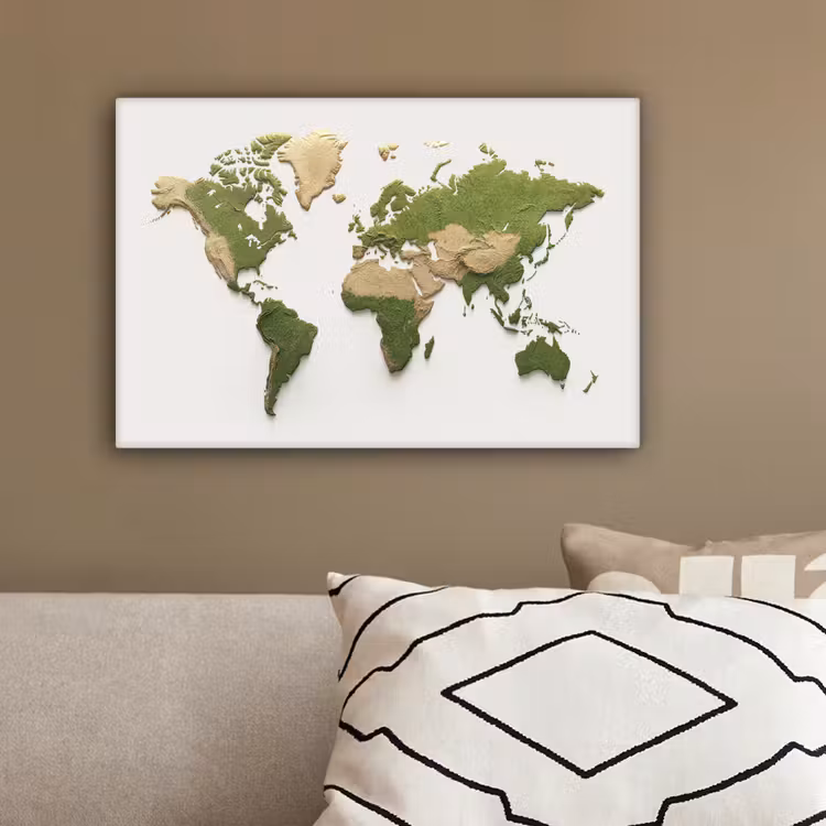Wereldkaart - Reliëf - Aardekleruige tinten canvas 2cm klein -sfeer3