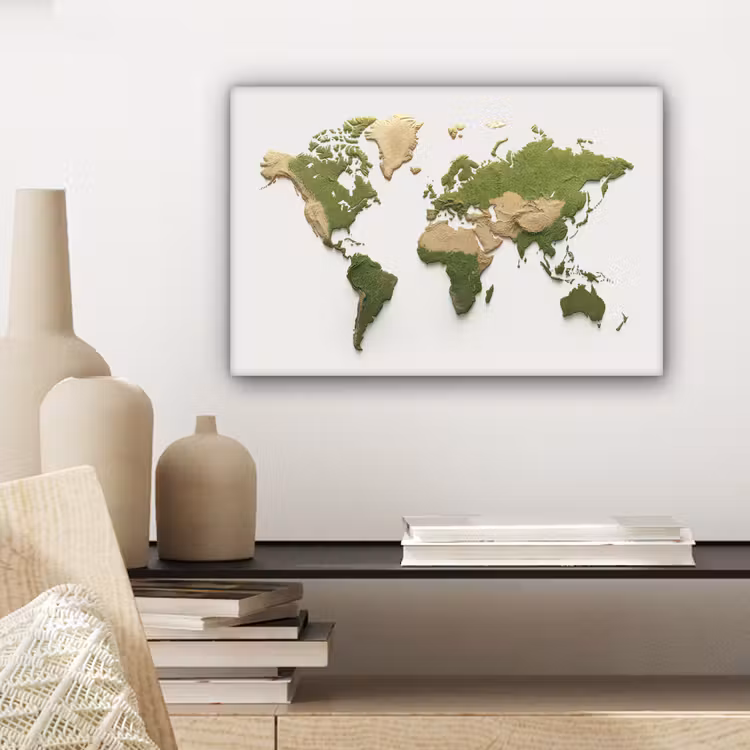 Wereldkaart - Reliëf - Aardekleruige tinten canvas 2cm klein -sfeer6