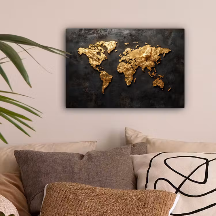 Wereldkaart - Reliëf - Tactiele karakter canvas 2cm klein -sfeer1