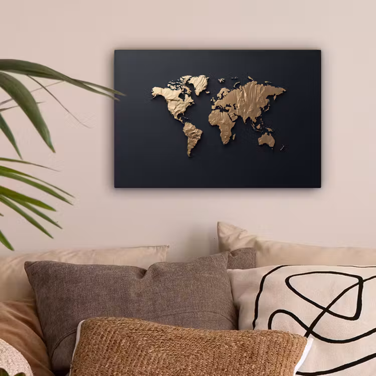 Wereldkaart - Reliëfstructuur - Diepe Texturen - Zwart canvas 2cm klein -sfeer1