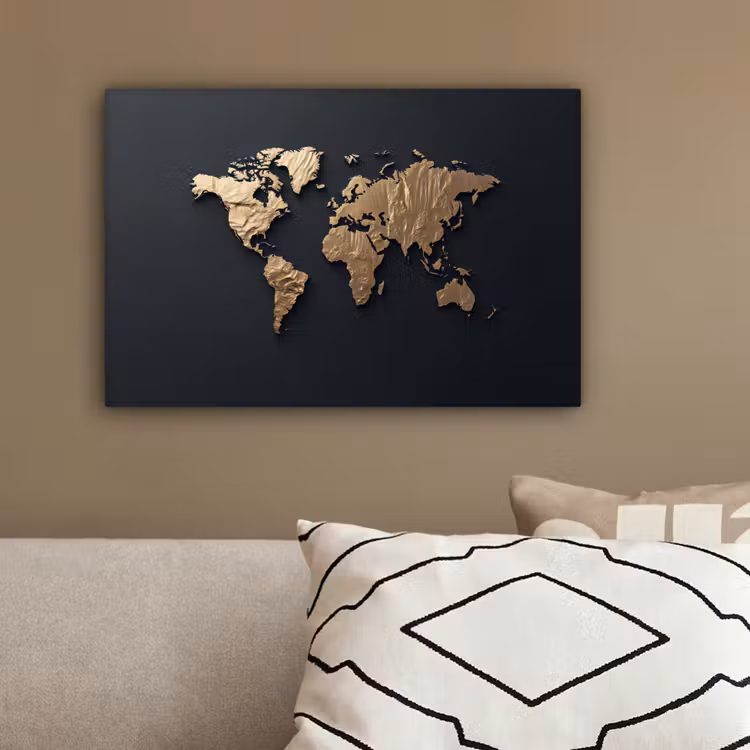 Wereldkaart - Reliëfstructuur - Diepe Texturen - Zwart canvas 2cm klein -sfeer3