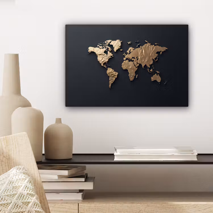 Wereldkaart - Reliëfstructuur - Diepe Texturen - Zwart canvas 2cm klein -sfeer6