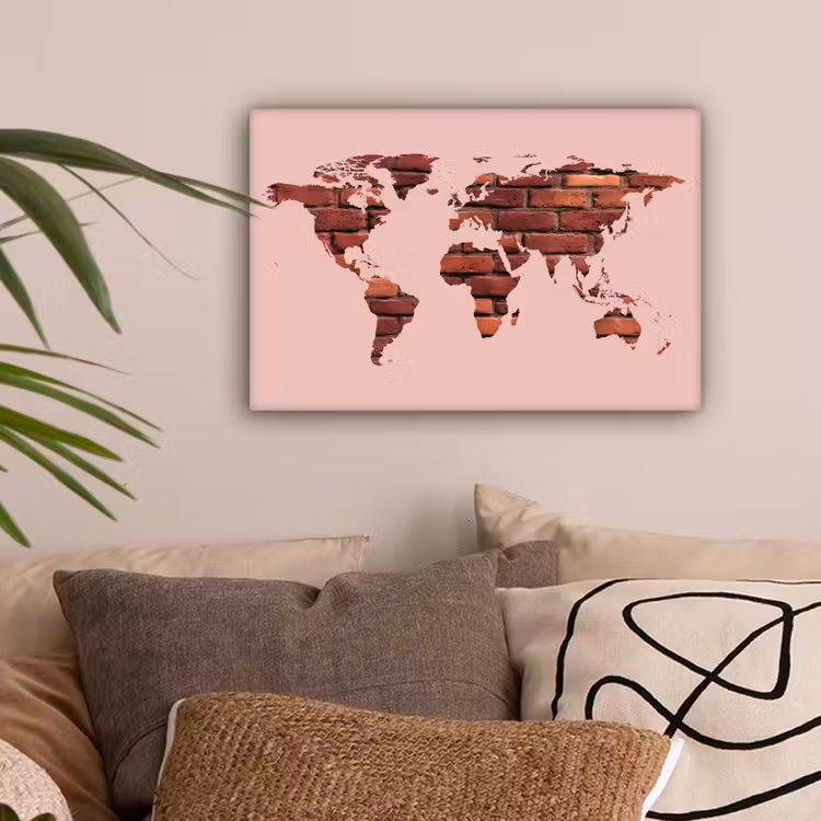 Wereldkaart - Roze - Baksteen canvas 2cm klein -sfeer1