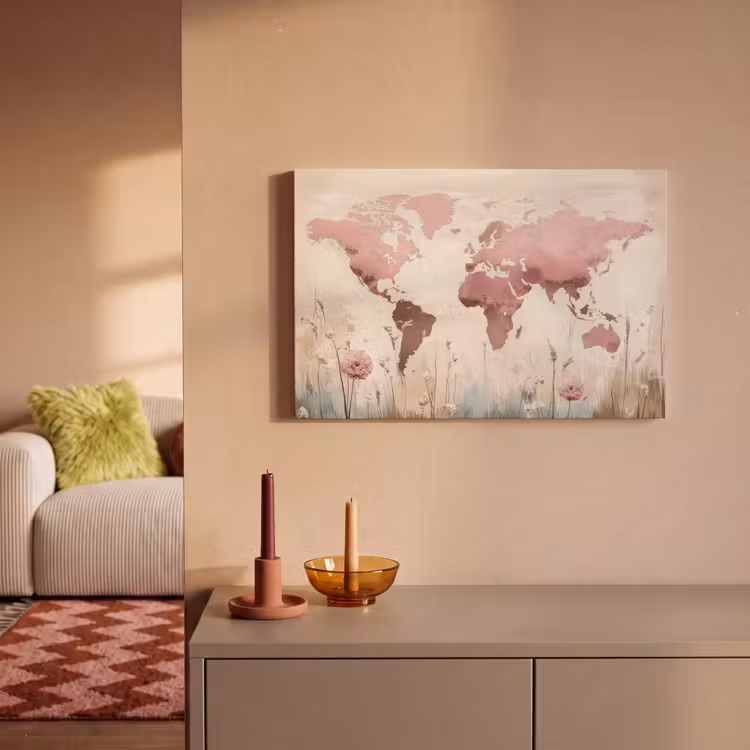 Wereldkaart - Roze - Bloemen canvas 2cm klein -sfeer1