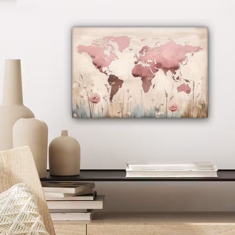 Wereldkaart - Roze - Bloemen canvas 2cm klein -closeup_print_DE