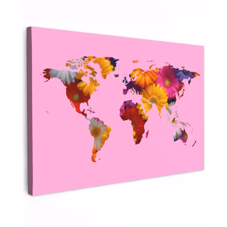 Wereldkaart - Roze - Bloemen canvas 2cm klein -z3d