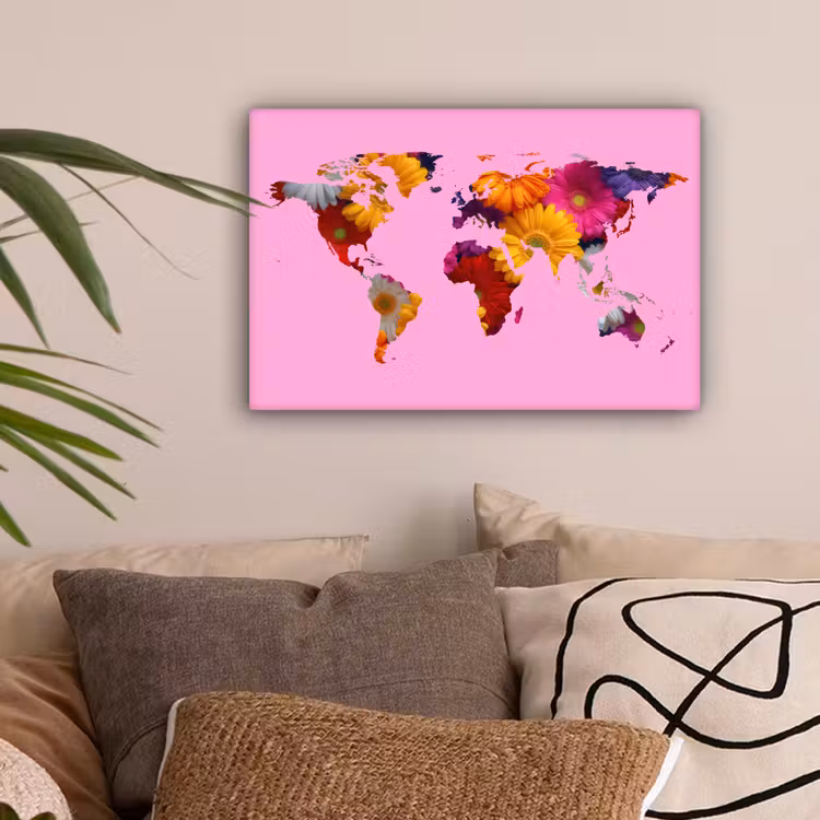 Wereldkaart - Roze - Bloemen canvas 2cm klein -sfeer1