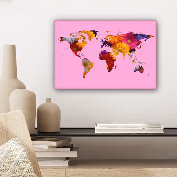 Wereldkaart - Roze - Bloemen canvas 2cm klein -sfeer6
