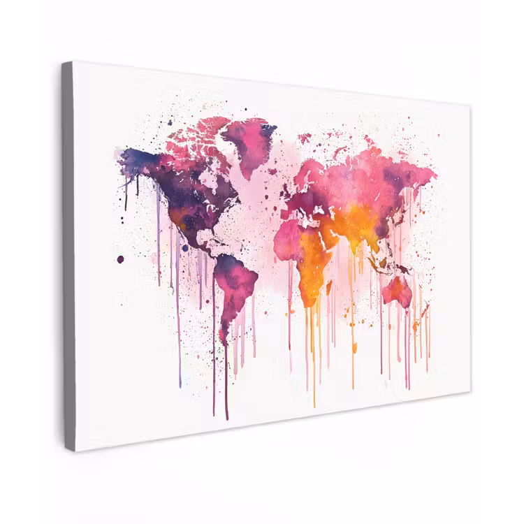 Wereldkaart - Roze - Druppels - Verf canvas 2cm klein -z3d